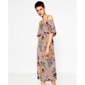 EUC ZARA Off-the-Shoulder Printed Midi Dress - Size Small